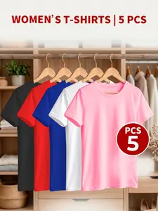 5-Pack Plus Size Women's Short Sleeve T-Shirts, Basic Summer Casual Round Neck Top, Plain Knit Fabric, Breathable, Elastic, Medium Fit