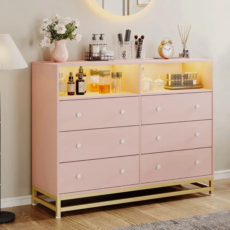 6 Drawer Double Wide Wood Dresser with LED Lights Chest of Drawers for Bedroom