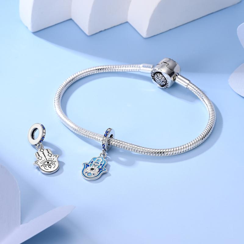 MULA Hand of Fatima charm, S925 Sterling Silver with blue enamel and shiny CZ, symbolizes good luck and spiritual protection, compatible with Pandora bracelet chains, a perfect gift for women and girls