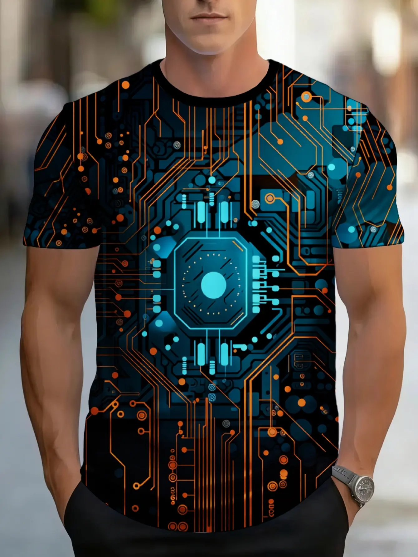 Men's Cyberpunk Circuit Board Print T-Shirt - Breathable Loose Fit Crew Neck Short Sleeve Top, Stretch Casual Futuristic Streetwear Base Layer, Machine Washable for Daily Wear, Shortsleeve, Tshirt, Fabric, Knit