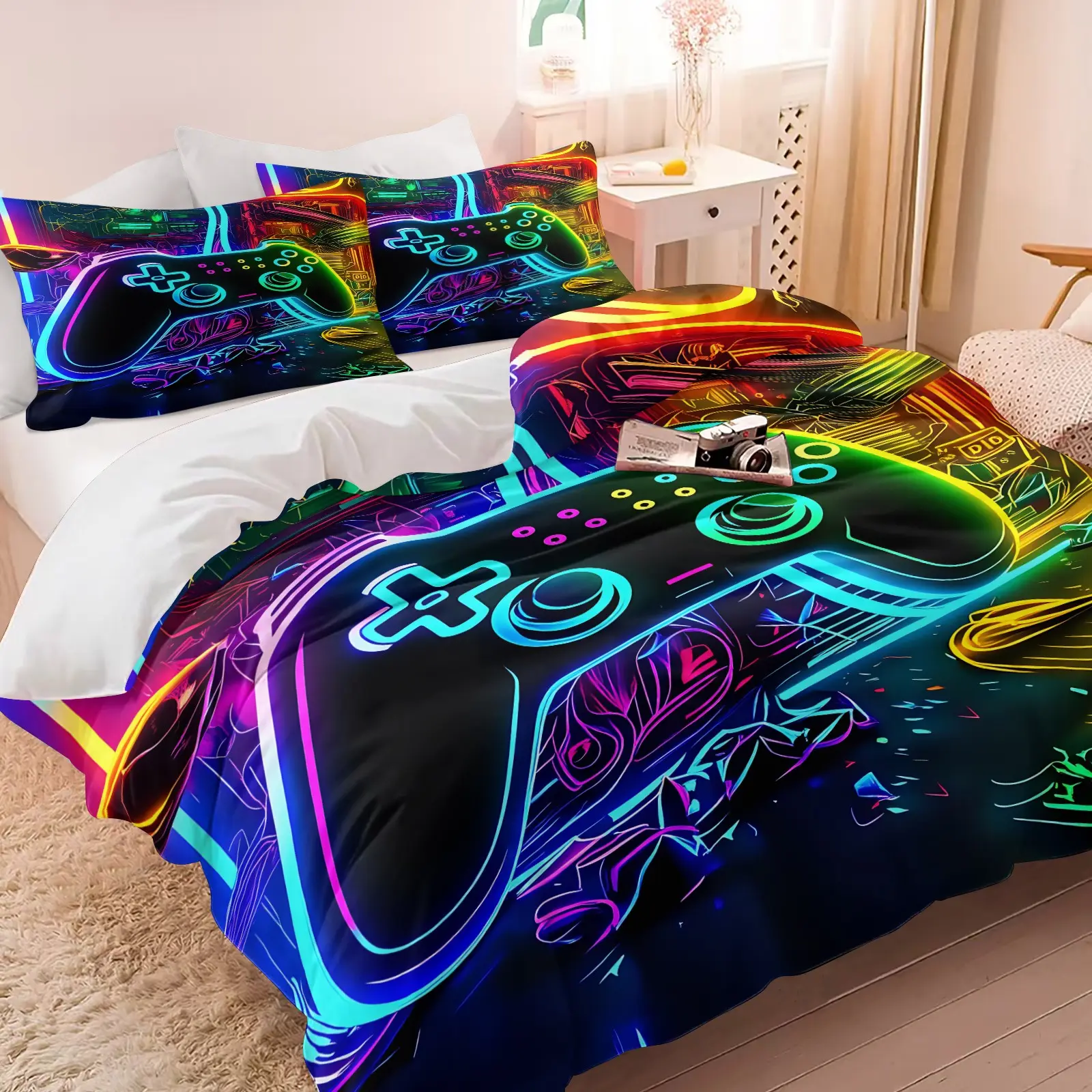 2/3Pcs Neon Game Controller Duvet Cover Set, Gamer Comforter Cover, Cool Gaming Bedding Set No Filler, Printed Bedding Set, Soft Breathable Digital Print Neon Game Design Duvet Cover with Pillowcases for Teen Boys Bedroom, Dorm, Game Room