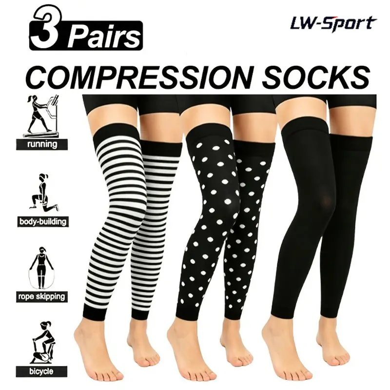 3Pairs striped polka dot compression socks, non slip thigh high compression sleeves, breathable stretch compression leg sleeves, women athletic compression leg guards, 4-way stretch over knee leg sleeves