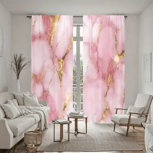 2Pcs Gold Vein Marble Print Curtains, Pink Aesthetic Pole Pocket Window Panels, Semi Sunshade Polyester, Modern Decoration for Home Living Room, Bedroom, Balcony, Kitchen, Study, Shower, Accessory, Anti Privacy.