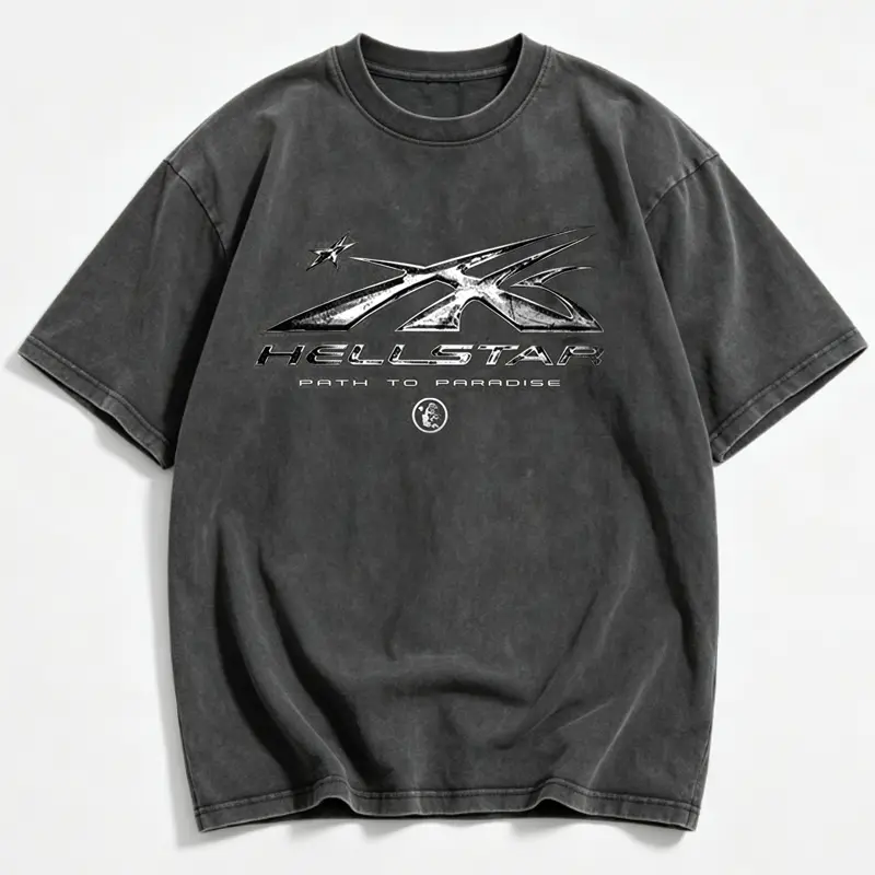 Hellstar Path To Paradise Graphic Washed T-Shirt Vintage Streetwear Oversized Short Sleeve Cotton Tee For Men Y2K Hip Hop Top