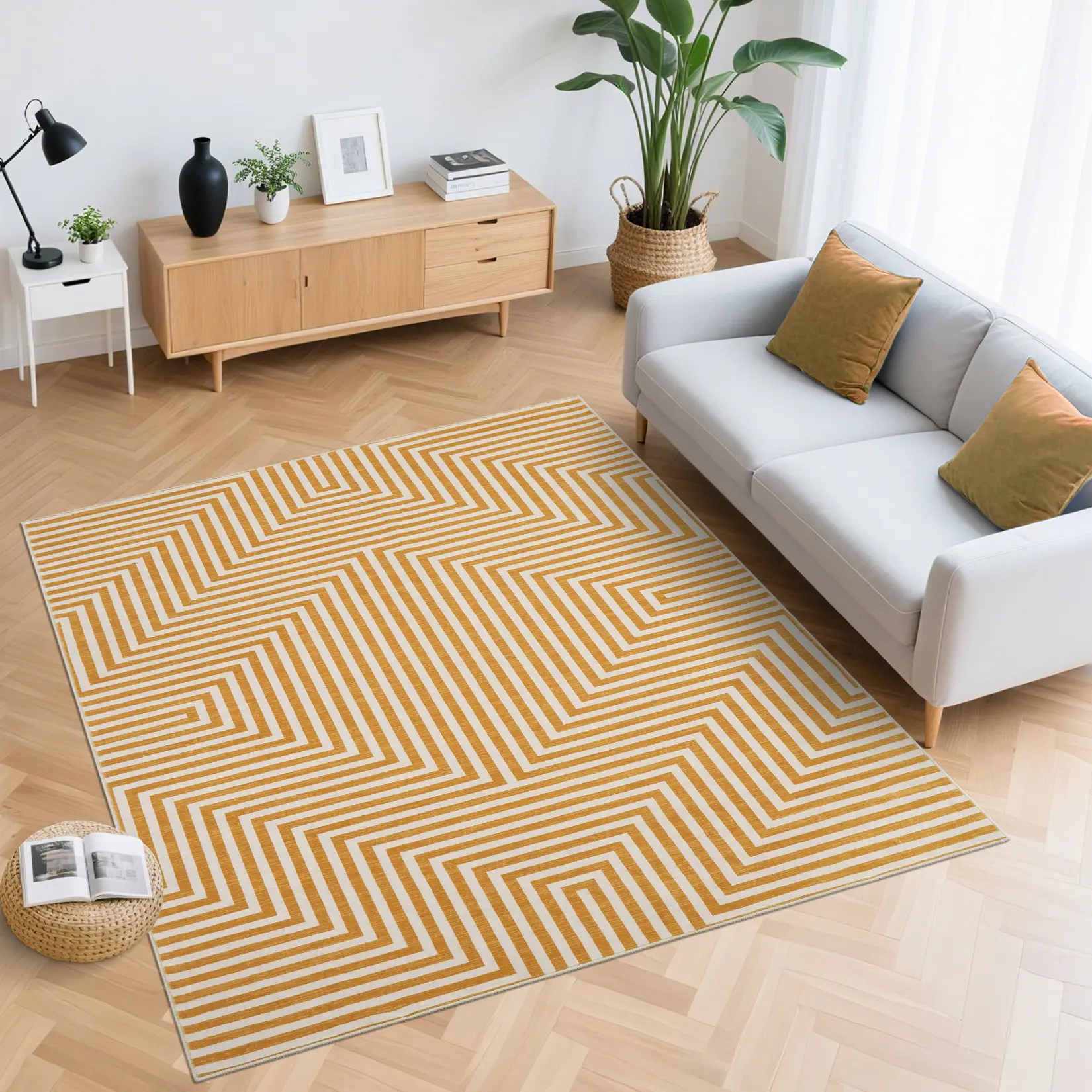Kitchen Runner Rug  Washable Runners for Hallways Non Slip Modern Geometric Area Rug Low Pile Striped  Bath Rugs Non Slip Floor Mats for Bedroom Entryway, Orange Yellow