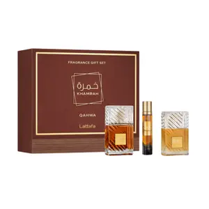 Lattafa Set Khamrah Qahwa 3.4 Oz  Edp + Travel Spray 12ml + Hairmist 50ml Men