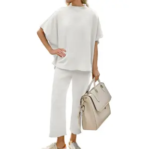 Songling Women's Casual Two-Piece Outfits 3/4 Batwing Sleeve Capelet CrewNeck Pullover Top & Wide Leg Pants Lounge Sets Sweatsuit Blazer Trouser Womenswear Clothes Gamis