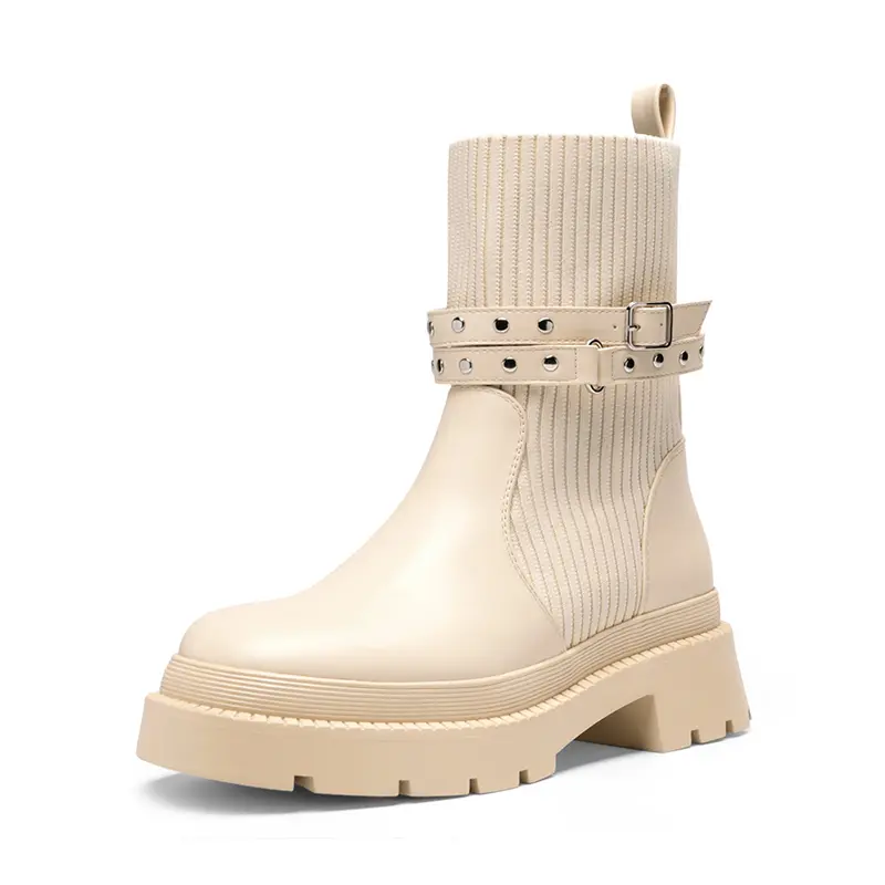 Dream Pairs Women's Chunky Lug Sole Platform Boots, Mid-Calf Slip-On Combat Style with Knitted Cuff & Studded Strap, Footwear