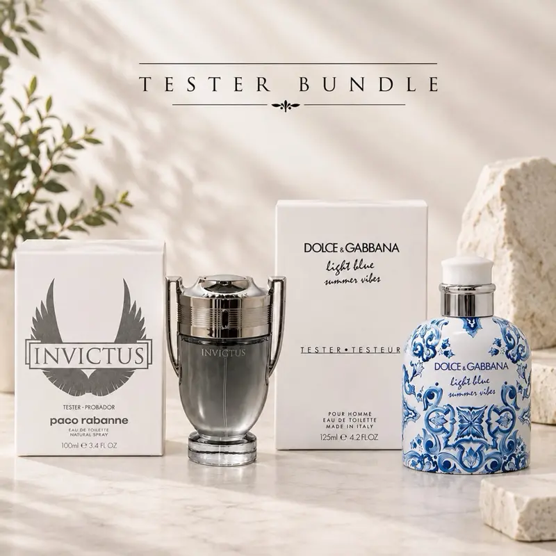 Luxury Unisex Fragrance Combo Bundle - Dolce & Gabbana Light Blue Men Summer Vibe Tester EDT Spray, Invictus Musk Long-Lasting Tester EDT Spray (3.4 oz Each, Includes Bottles)