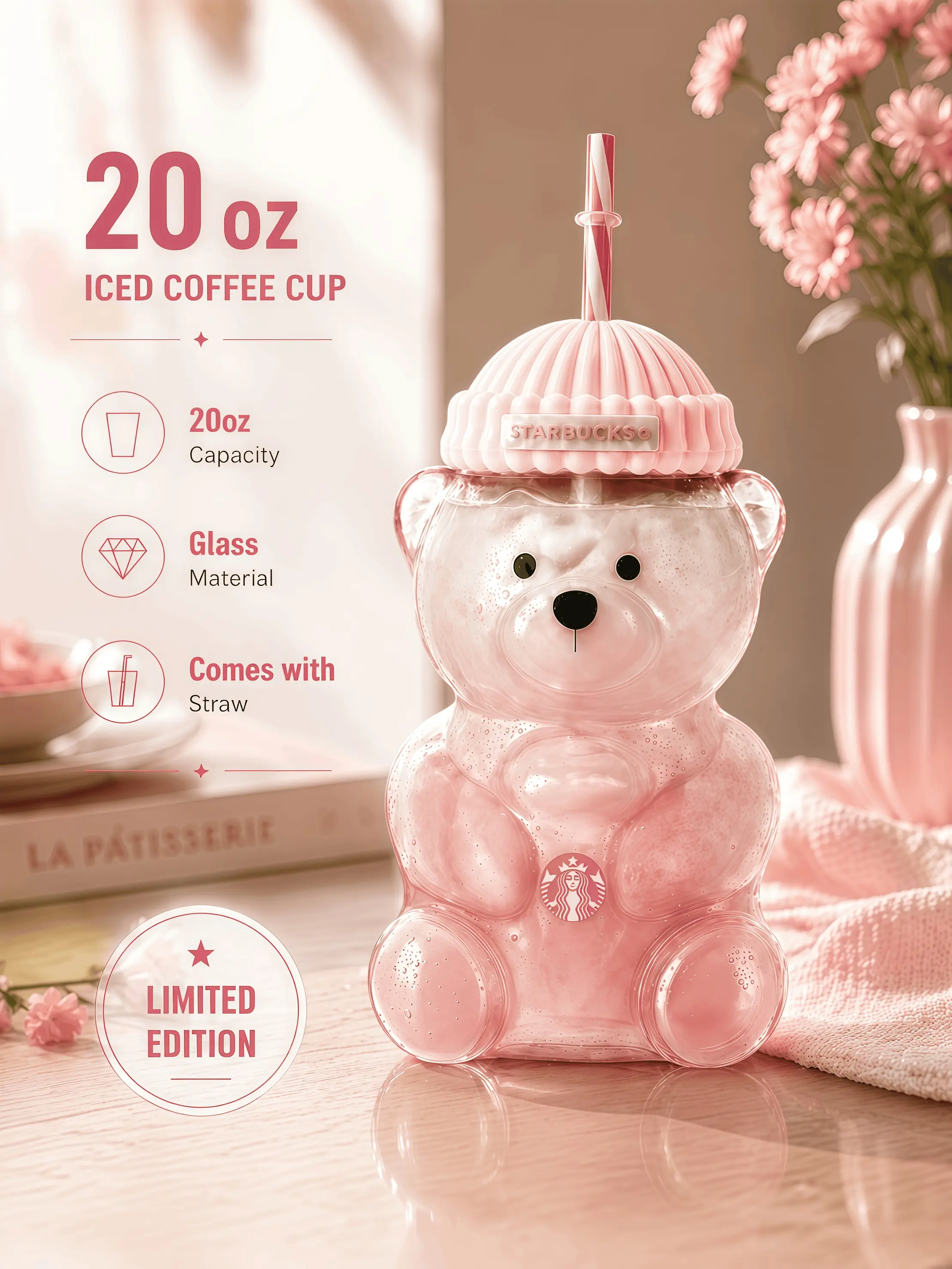 2026 New 20oz Teddy Bear Glass Tumbler with Straw — Cute Pink Bear Travel Cup, Limited Edition Clear Glass Coffee Cup for Cold Drinks (Hat Design)