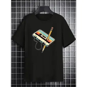Men's Retro Cassette Tape Graphic Tee - Soft Polyester-Spandex Blend Short Sleeve Shirt with Comfortable Crew Neck & Light Stretch | Vintage Music Style for Casual Summer Wear, Streetwear & Nostalgic Vibes