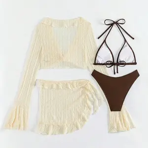 2026 New Arrival Women Solid Sheer Long Sleeve Cover Up & Bikini Set 4 Piece Swimwear Beach Bathing Suit