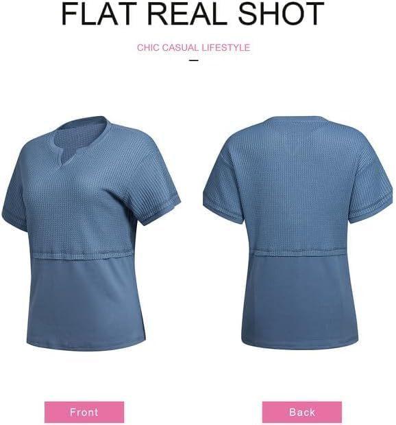 Women's Loose Fit Waffle Knit Splice V-Neck Top | Casual Trendy Short Sleeve Shirt.