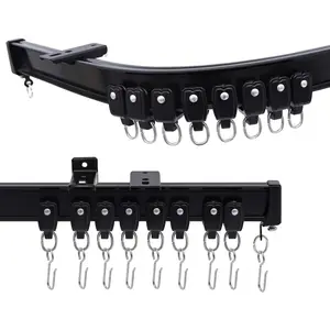 Flexible Ceiling Curtains Track, Bendable Ceiling Mount Curtain Track for Room Divider,  Curtain Tracks Rail with Hooks Set for Window RV Shower  Outdoor , Black 3-9ft