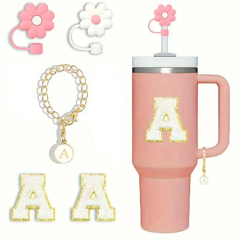 Letter Pattern Tumbler Accessories Set, Drinking Gadgets, 5/set Including 2 Dust-proof Reusable Silicone Straw Covers, 1 Name Initial Letter Handle Charm, 2 Chenille Patches Letters, Drinkware Lid, Straw Toppers For Tumblers