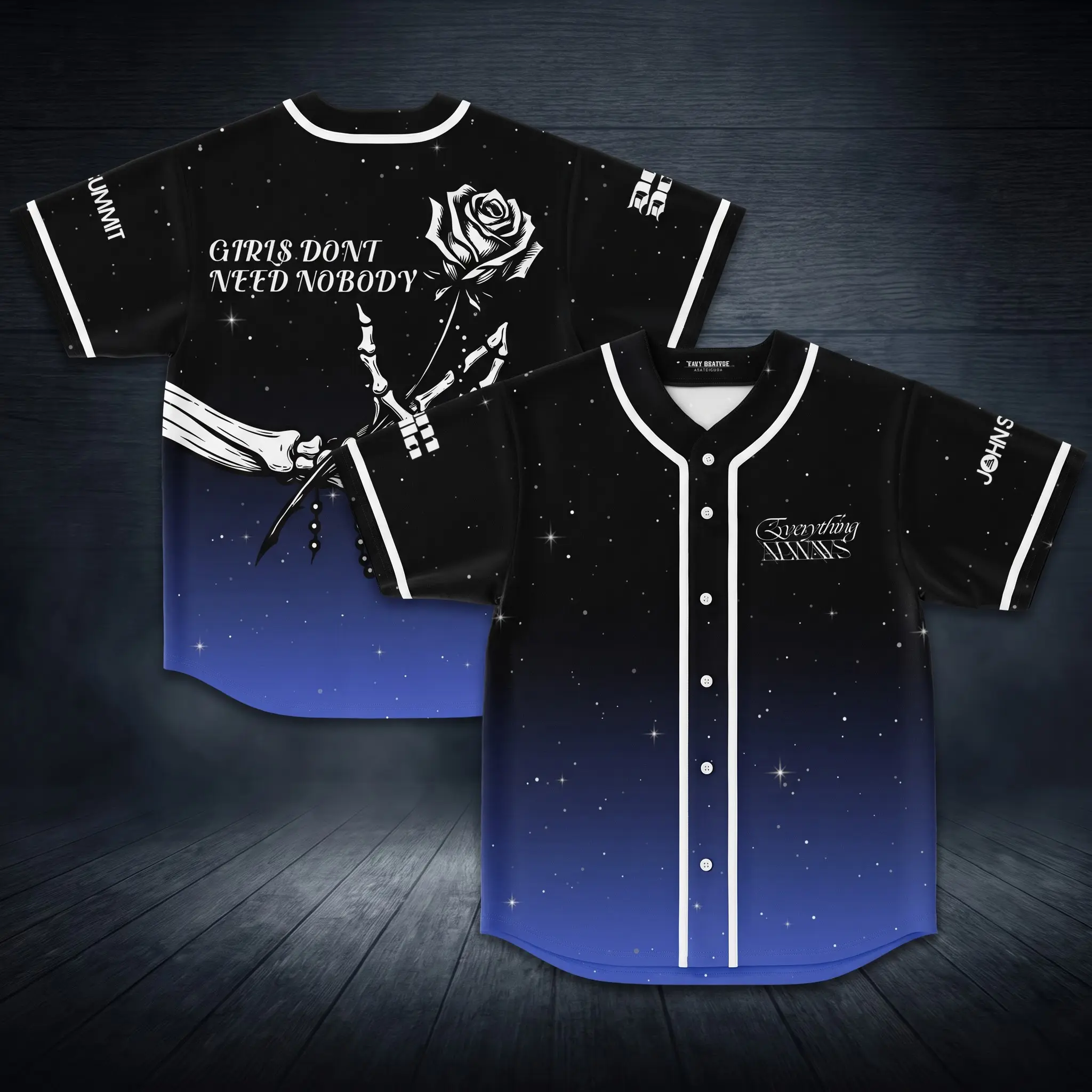 Girls Dont Need Nobody Rose Skeleton Hand John Summit Baseball Jersey, Everything Always Galaxy Blue Gradient EDM Rave Concert Shirt, House Music Festival Button Up Sports Tops, Oversized Casual Streetwear, Birthday Gift For Men Women