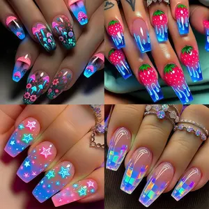 24pcs Dreamy Multicolor Mushroom Fairy Press-On Nail Stickers, Includes Jelly Glue & File, Medium Long Ballet Flower Nails for Women