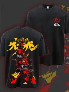 Men'S Heavyweight Anime T-Shirt - Gurren Lagann Spiral Power Red & Black Double-Sided Graphic Tee, Soft Washed Durable Fabric, Retro Aesthetic Casual Streetwear for Conventions & Casual Attire, Ideal Gift for Anime Fans (Takaras Tomyy/Takar
