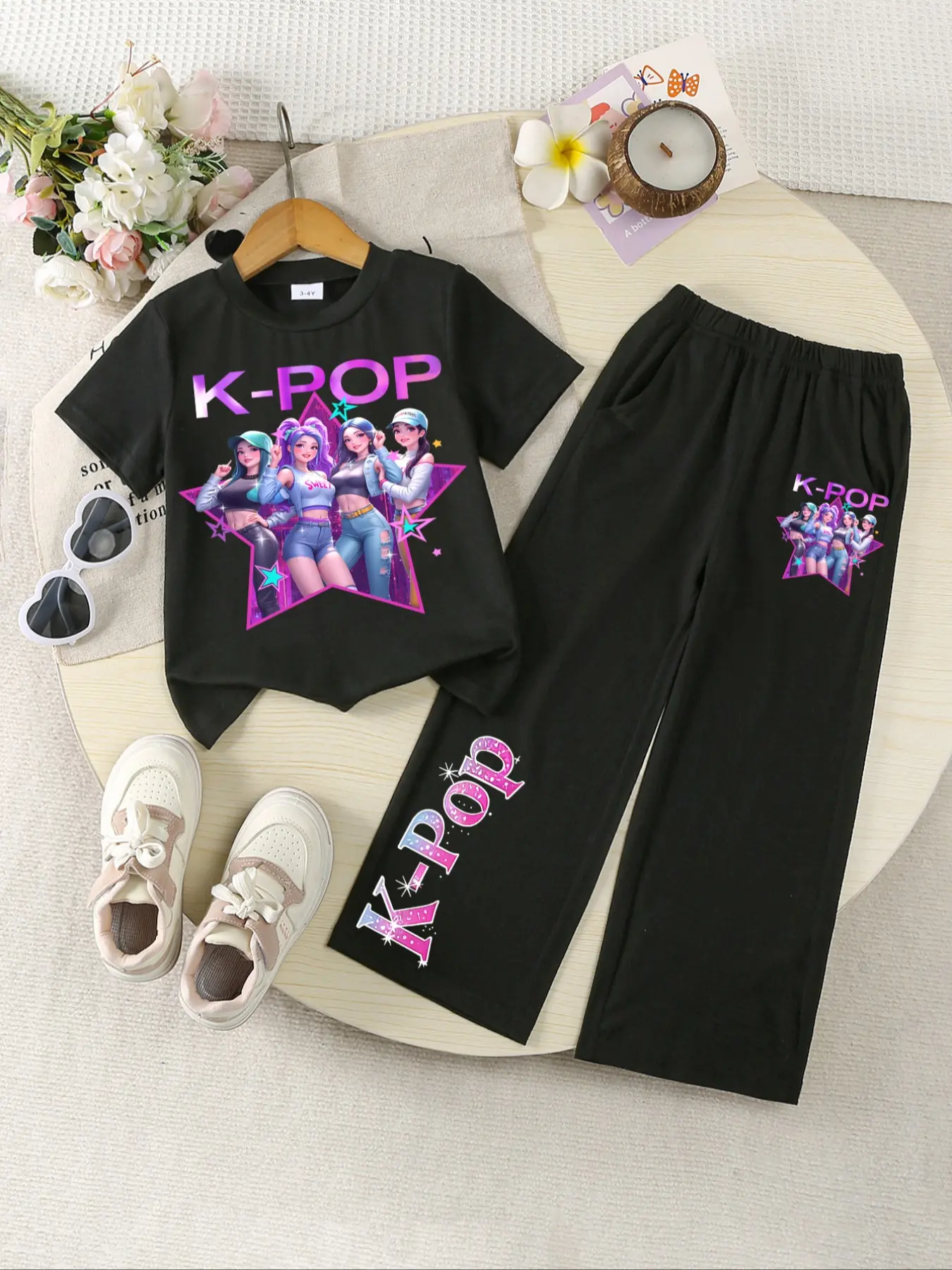 Girls' Knit Set T-Shirt + Straight Leg Pants, New Cartoon Print, Casual Summer Set Outdoor Sports Wear, Suitable for Girls Ages 8 and Below, Summer Clothes Set, Tee Pants Set