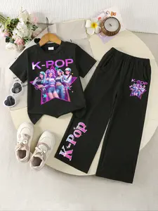 Girls' Knit Set T-Shirt + Straight Leg Pants, New Cartoon Print, Casual Outdoor Sports Wear, Suitable for Girls Ages 8 and Below