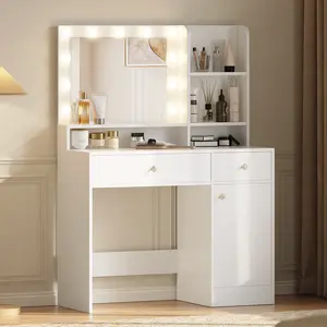 [DealsForYouDays] Vanity Desk with White LED Lighted Mirror 35.4" Makeup Table with Vanity Mirror Light 3 Color Modes Adjustable Brightness 2 Drawers & Open Shelves for Bedroom summergarden