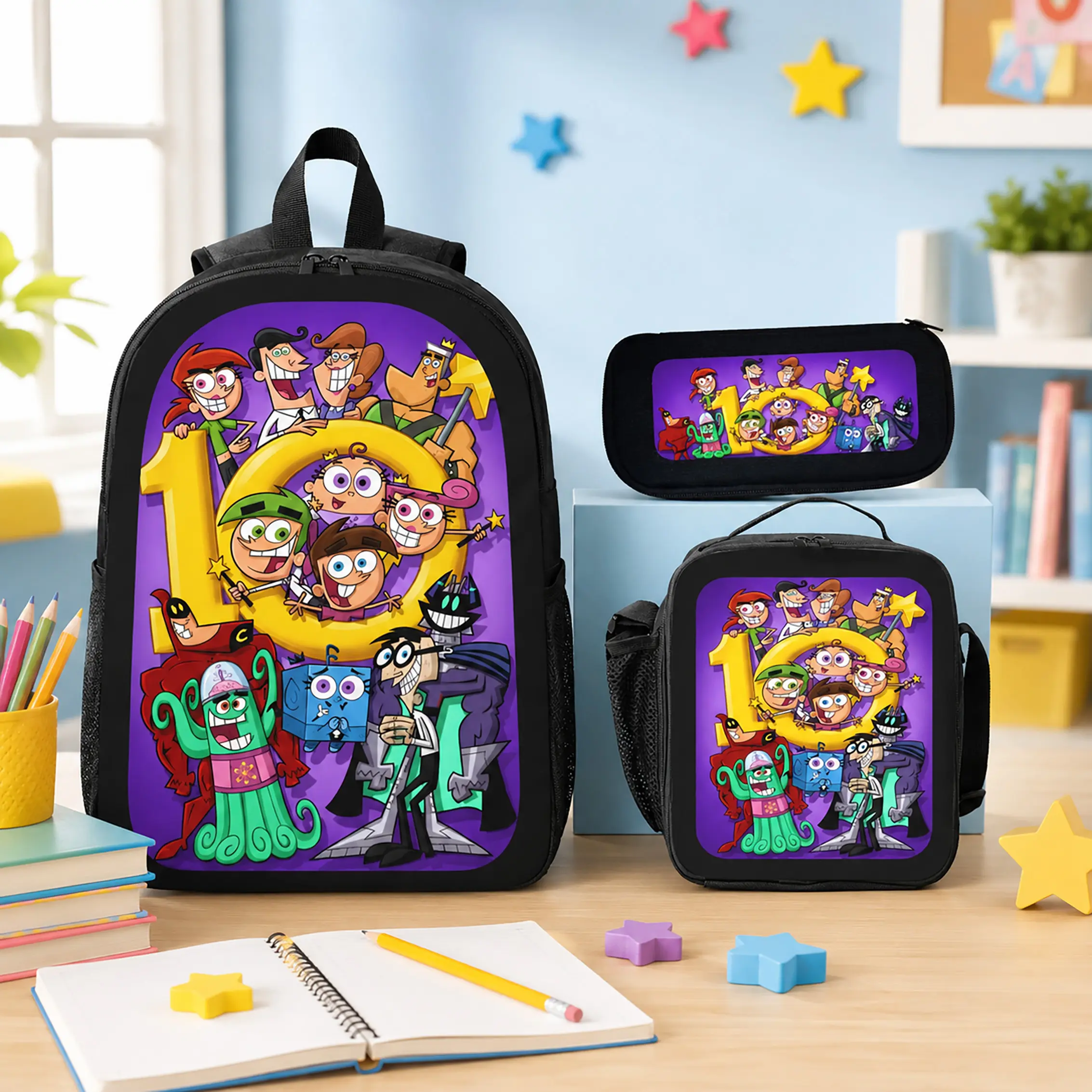 Unisex The Fairly OddParents Character Print 3-Piece Coordinated Polyester Backpack Set - Large Capacity, Lightweight, Breathable, with Lunch Bag & Pencil Case for School/Travel Kids Students