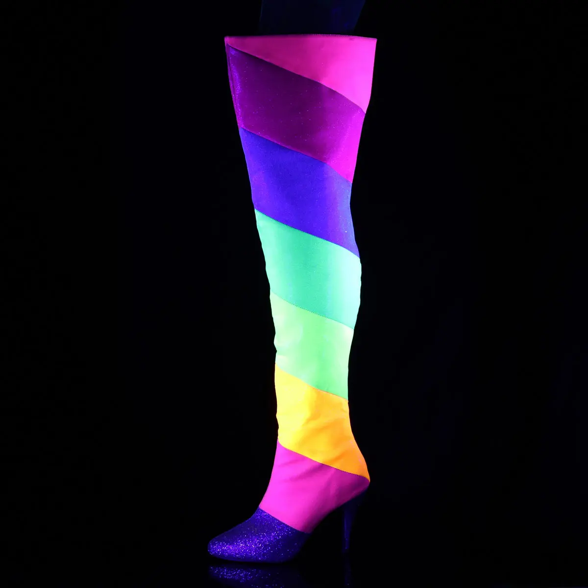 Women's Rainbow Glitter Thigh-High Boots - 4 in Heel, UV Reactive Blacklight Glow, Zipper, Bold, Extended Plus Sizes 9-17, Inclusive Sizing, Over-The-Knee Footwear for Pride Events