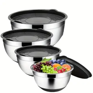 1pc/5pcs, Stainless Steel Mixing Bowls With Lids, Salad Mixing Bowls Set With Non-Slip Silicone Bottom, For Food Storage, Meal Prep, Salad And More, Accessories, Salad Serving Bowls, 5PCS: 7QT /  3.5QT / 2.5QT / 1.5QT / 1QT, 3PCS: 7QT / 4.5QT / 3QT