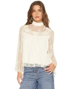 By Together Women's Women'S Mock Neck Lace Long Sleeve Top - L8793-Crm