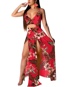 Women's Floral Print Two-Piece Set, Boho Backless Spaghetti Strap Crop Cami Top & Split Thigh Skirt Set, Ladies Summer Clothes