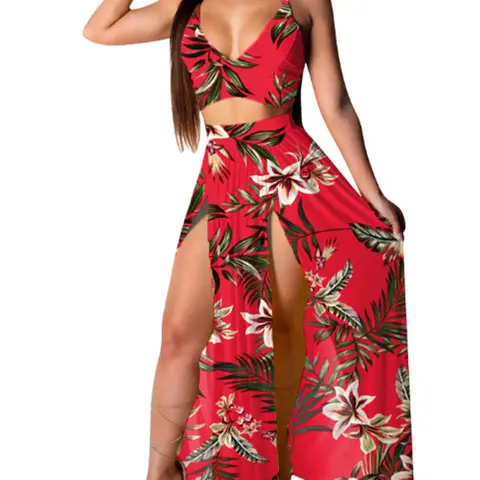 Women's Floral Print Two-Piece Set, Stretchy Outfit Sets, Boho Sleeveless Backless Spaghetti Strap Crop Cami Top & Split Thigh Skirt Set, Ladies Summer Clothes Bohemian, Cropped Top Set