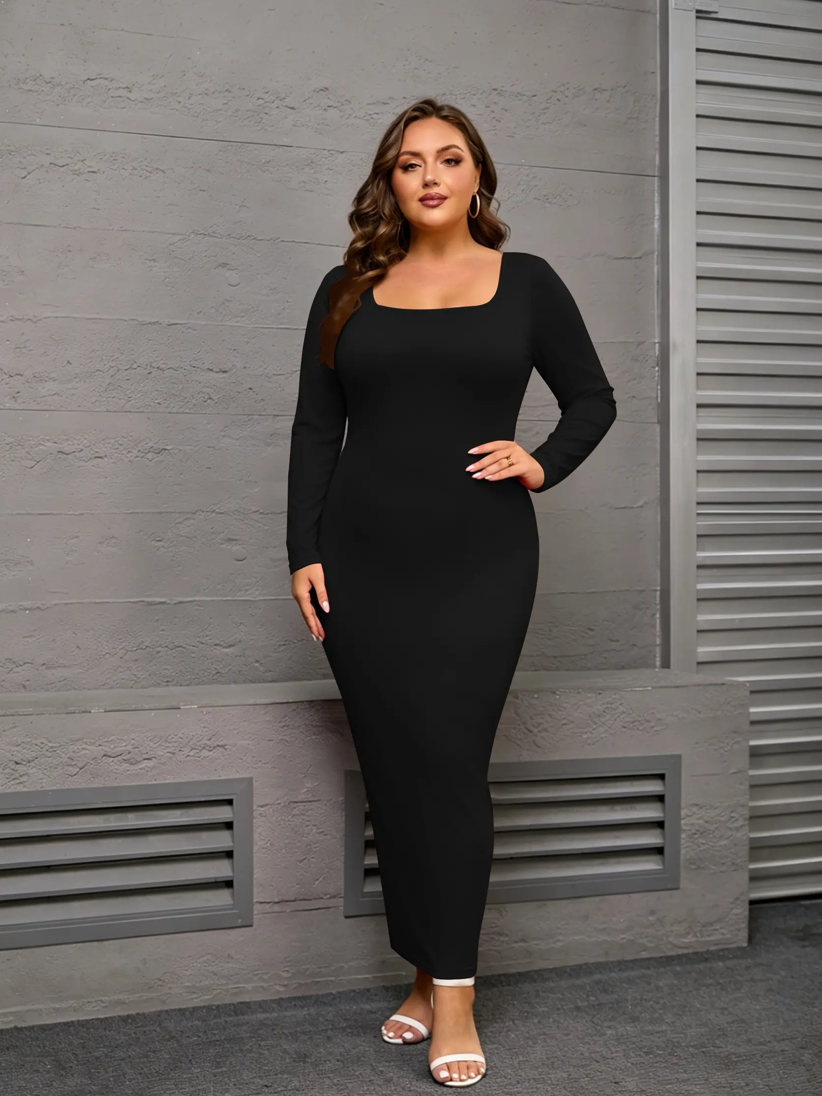 USBOUTIQUE CHIC Women's 2026 Fall Long Sleeve Bodycon Dress Plus Size Stretchy Midi Dress