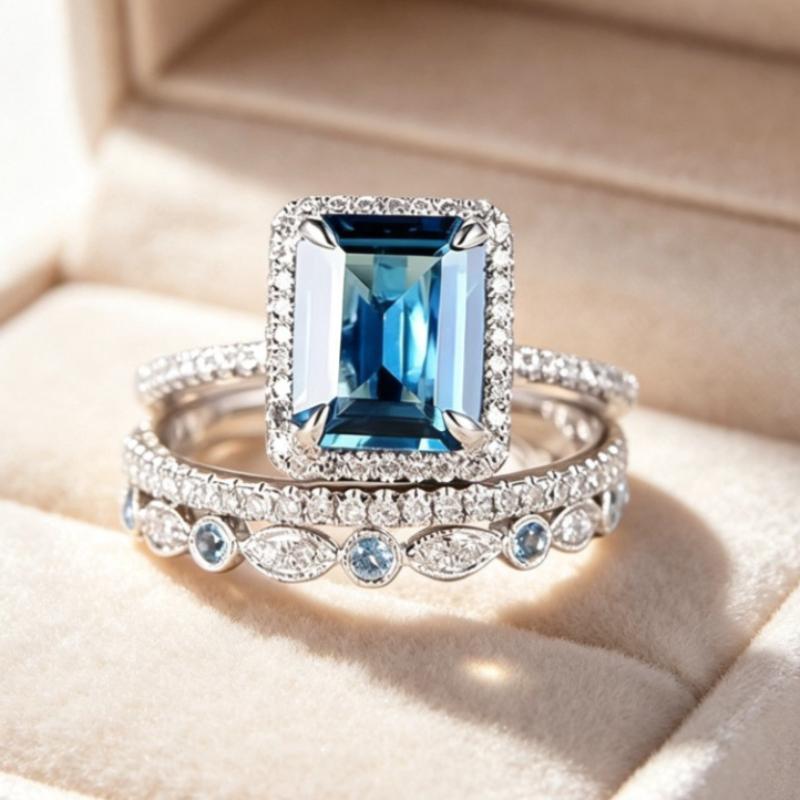 Women's 3Pcs Silver-Tone Rectangular Blue Halo Bridal Ring Set - Stackable Wedding Bands, Engagement Ring with Bling Effect for Anniversary, Valentine's Day