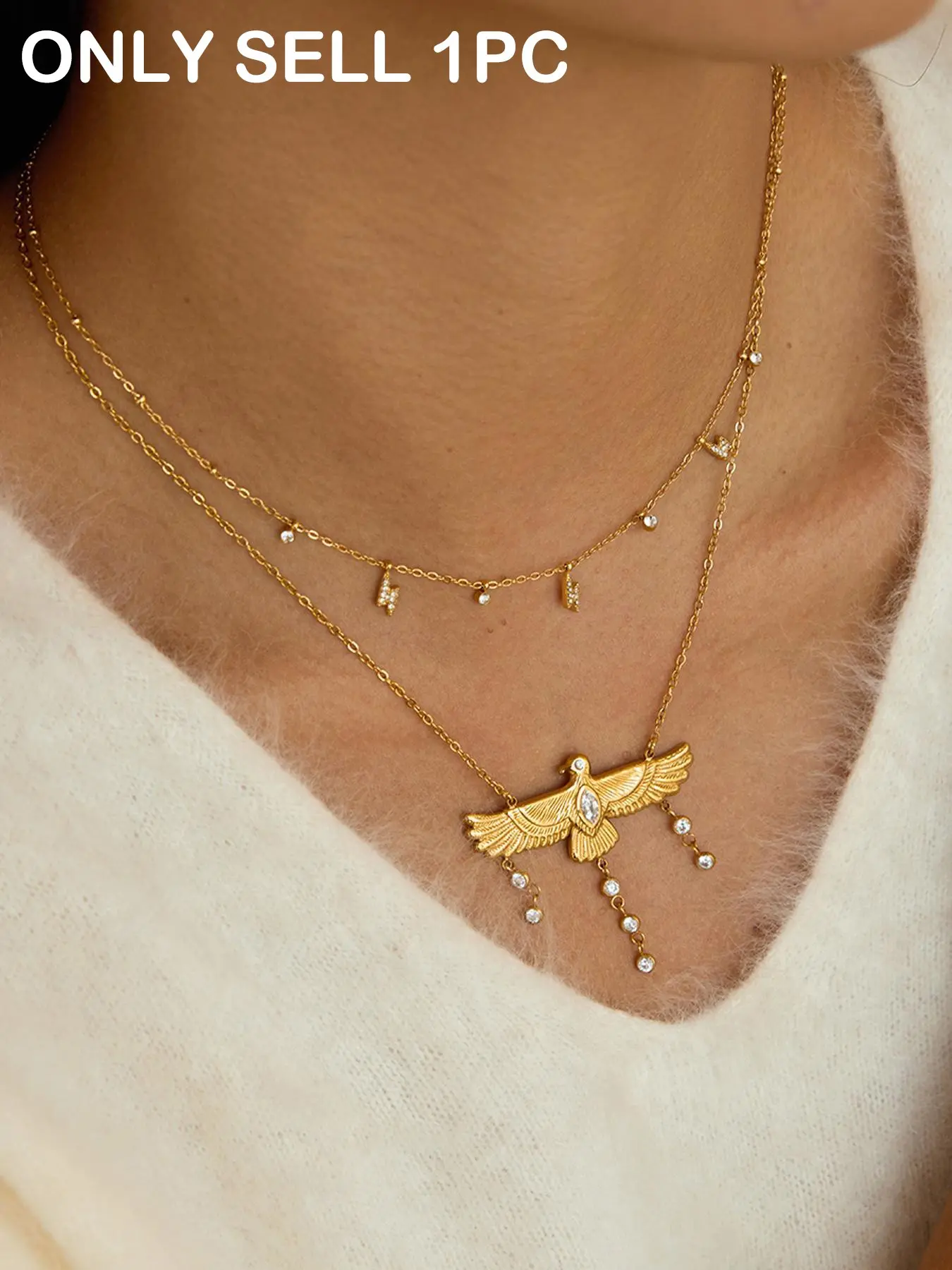 Minimalist 18K gold-plated eagle bird tassel pendant necklace, paired with white zircon tassel pendant necklace, stainless steel waterproof jewelry, perfect Valentine's Day gift, Daily Wear Necklace, Elegant Necklace