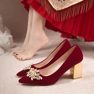 Xiuhe Bridal Wedding Shoes 2026 Spring And Autumn New Style in Wine Red with Chunky Heels, Suitable for Women to Wear at Weddings for Toasting And Attending Banquets, Women Shoesaa