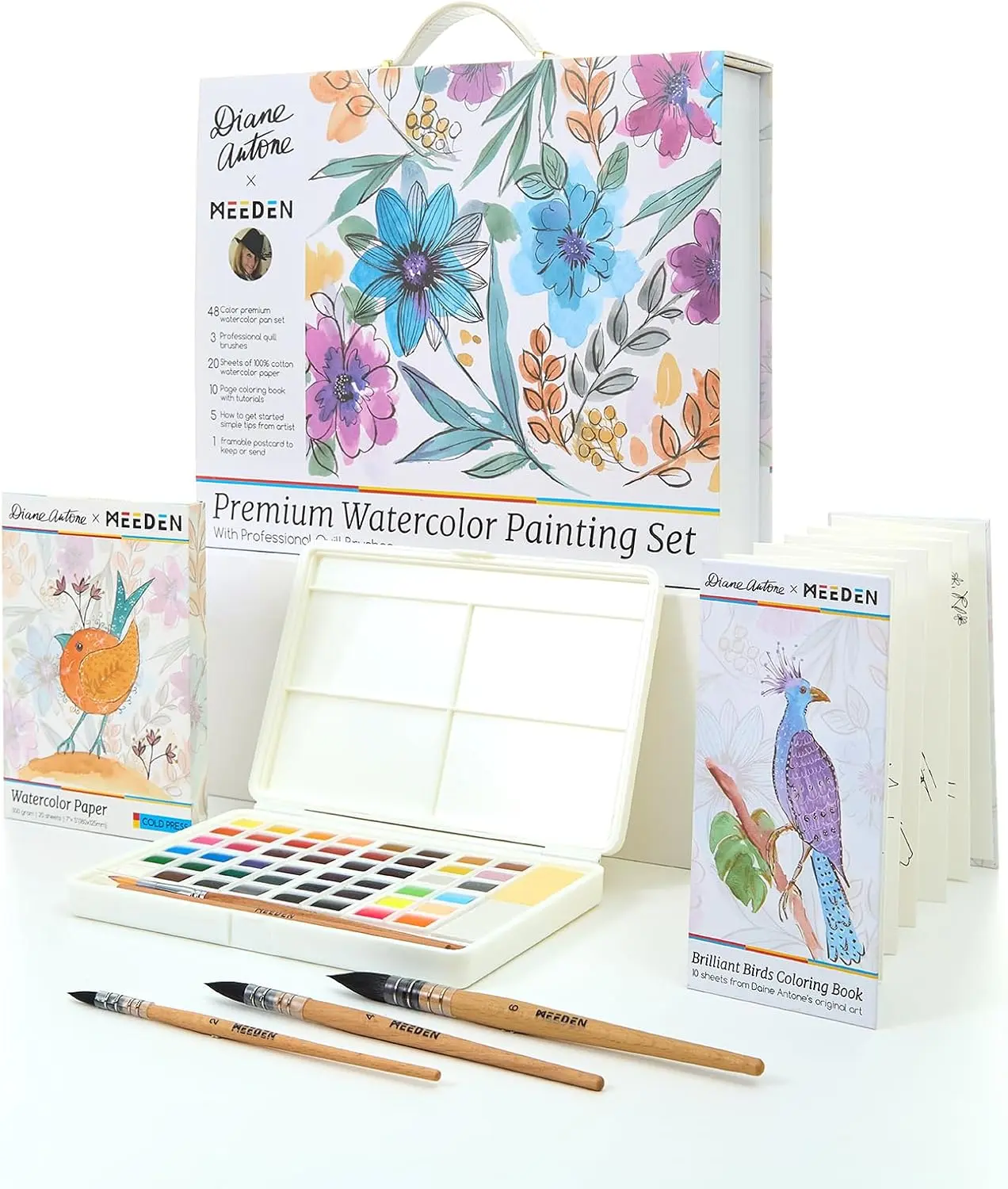 MEEDEN x Diane Antone Limited Edition 48-Color Portable Watercolor Paint Set - Art Supplies with 3 Brushes, Lining Coloring Pages, Watercolor Paper, Postcards - Ideal for Beginners & Pros