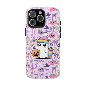 Spooky Cute kawaii Ghost Drinking Pumpkin Iced Coffee Halloween Bow Tough Phone Cases