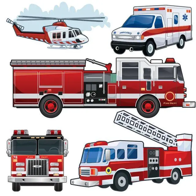 Large Fire Truck & Vehicles Wall Decal,  Boys Room Sticker Mural Decorative Removable Bathroom  Stickers Decor