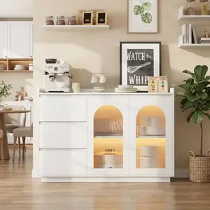 48" Modern Buffet Cabinet with 3 Drawers & Glass Doors – Storage Sideboard with 3-Color LED Lights, Coffee Bar Station for Kitchen & Dining Room