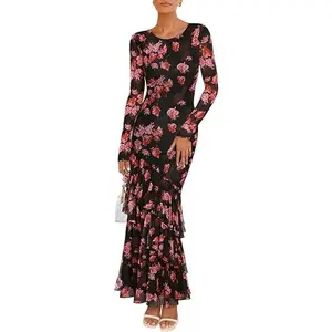 ZESICA Women's Fall Floral Wedding Guest Bodycon Dresses 2026 Long Sleeve Crewneck Mesh Ruffle Mermaid Party Maxi Dress
