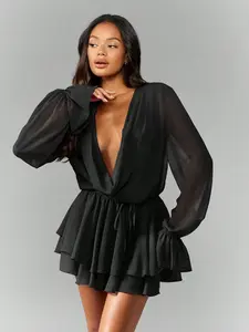 MISSGUIDED Chiffon Balloon Sleeve Cowl Neck Open Back Ruffled Tiered Skirt Mini Dress