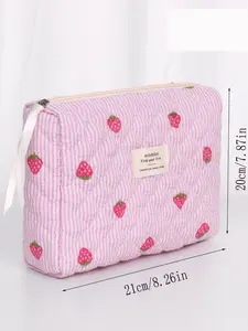 Plaid Embroidered Makeup Bag, Strawberry Pattern Cosmetic Bag, Portable Storage Bag, Fashion Casual Skincare Organizer, Handheld Cosmetic Pouch
