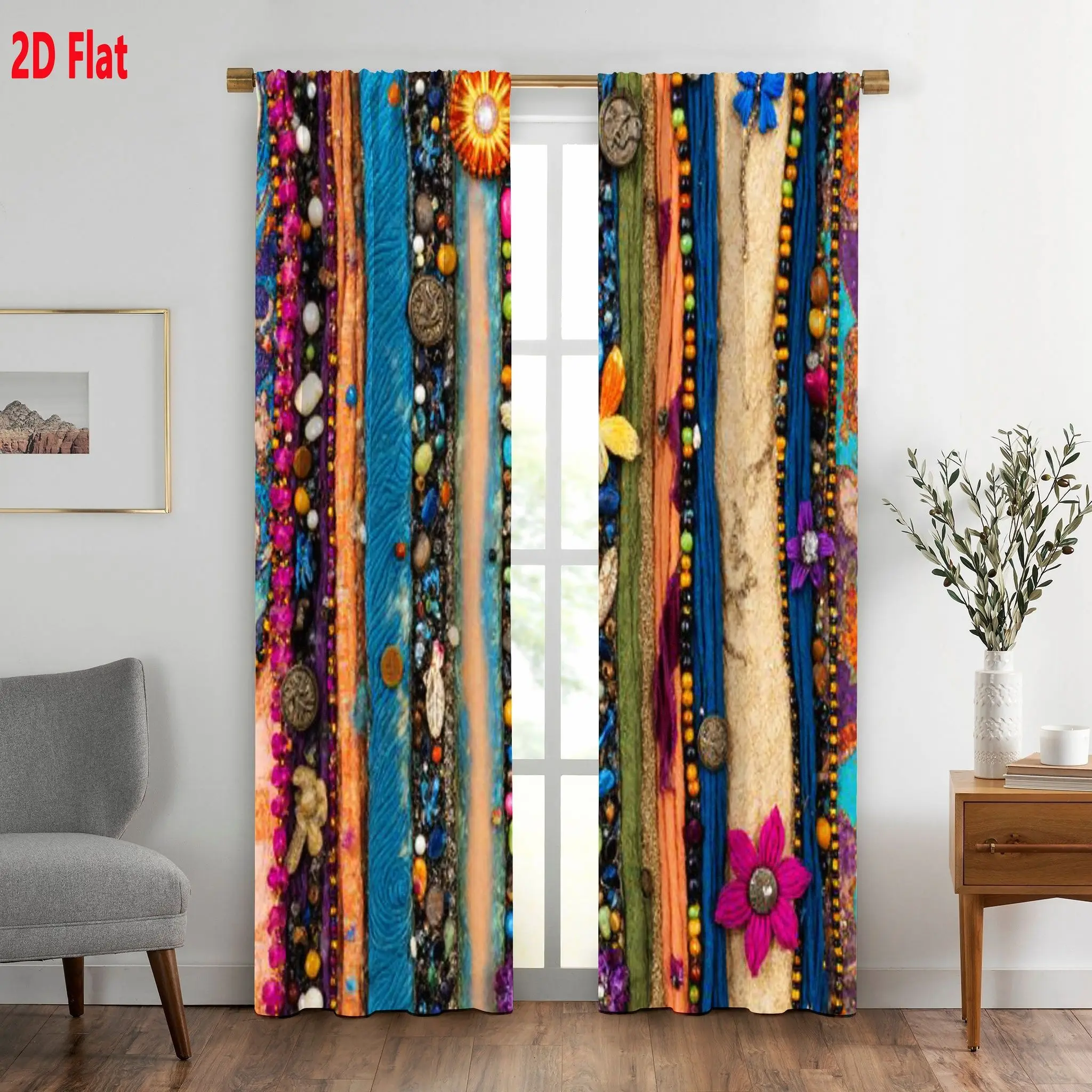 2D Flat 2pcs Bohemian Folk Art Textile Curtain, Vertical Colorful Fabric Strips with Vintage Buttons, Floral Beads, Fabric Flowers, Cabochons & Intricate Beadwork Edges Printed, Whimsical Window Curtains for Living Room Bedroom, Rich Busy Visual Style.