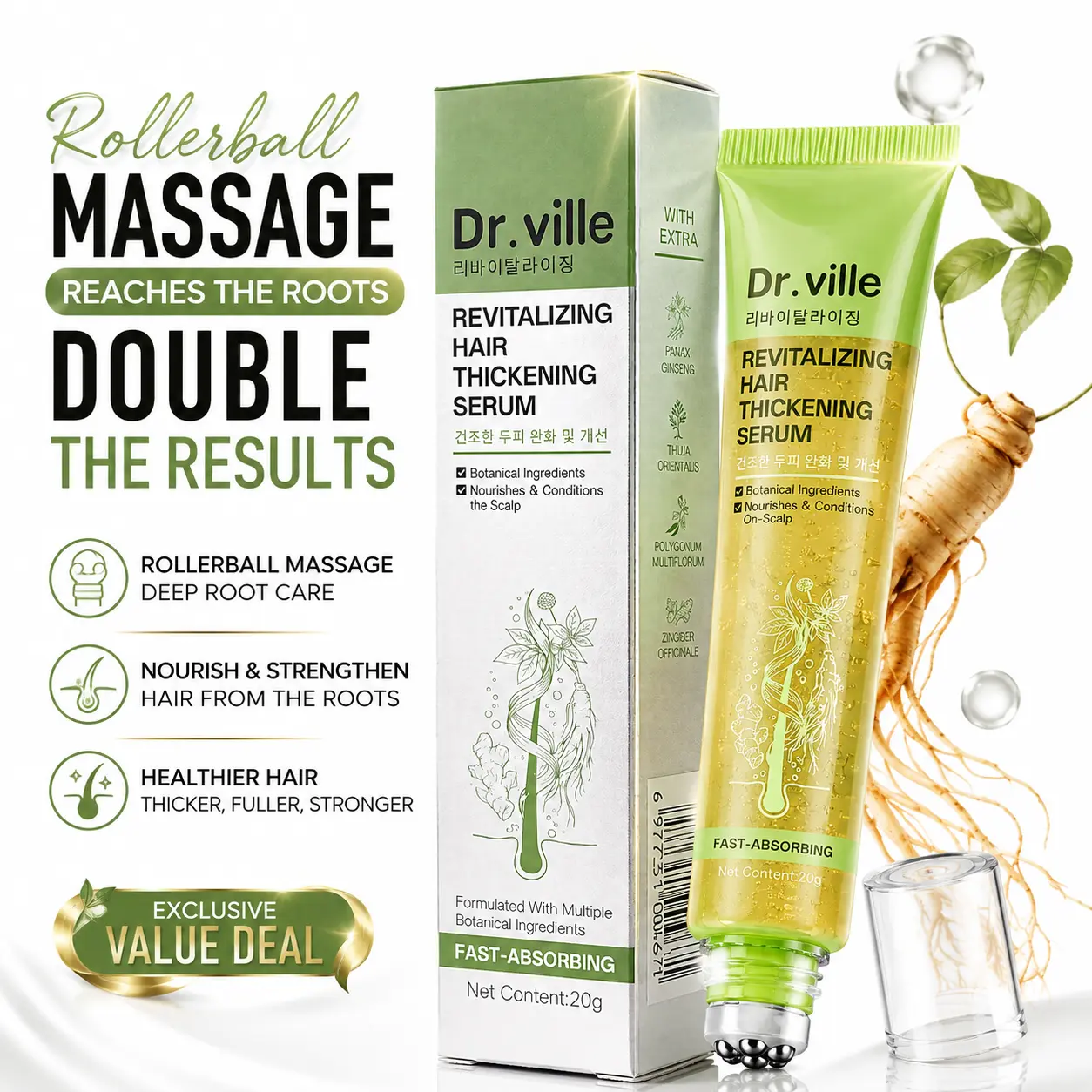 【Roll-On Massage Design】 Dr.ville Hair Thickening Serum, Refreshing Scalp Serum with Ginseng & Niacinamide, Non-Greasy Lightweight Formula for Daily Hair Care-A