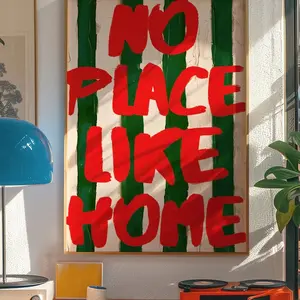 "No Place Like Home" Typography Poster - Eclectic Red & Stripe Bedroom Wall Art