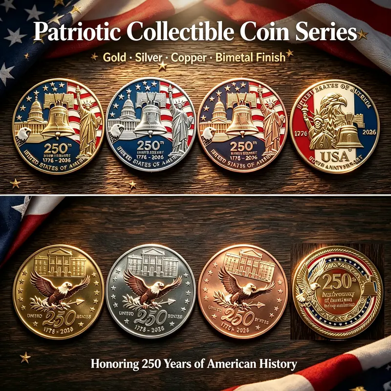 4-Piece USA 250th Anniversary 4-Coin Collectible Set - 40mm Zinc Alloy Challenge Coins, Gold Silver Copper Decorative Collectibles for Home Decor