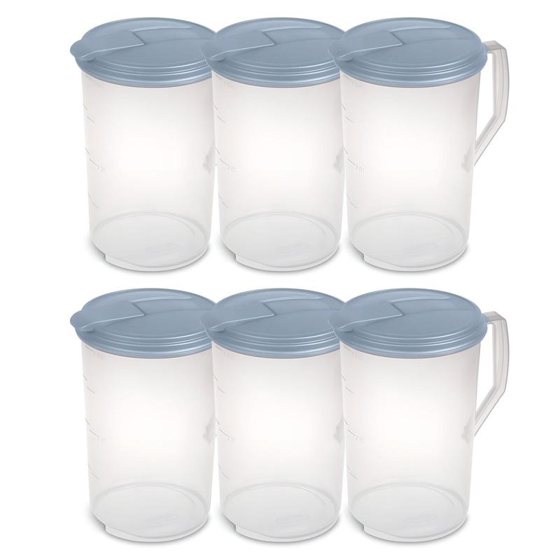 Sterilite 6 Pack 1 Gal Round Pitcher, Flip Lid Drink Dispenser Jug, Washed Blue