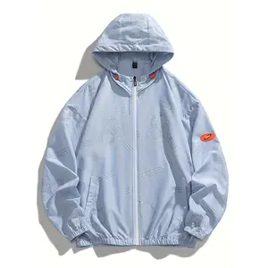 [Cartoon Astronaut Hooded Jacket] Lightweight Breathable Cartoon Astronaut Pattern Men's Hooded Long Sleeve Zipper Down Sun Protection Jacket - With Pockets For Outdoors Activities