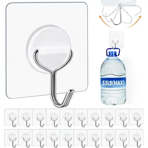 Adhesive Wall Hooks for  Heavy Duty 33lb(Max),  and Rustproof Transparent Self Adhesive Hooks for Bathroom Kitchen Outdoor and  Improvement -24 Pack