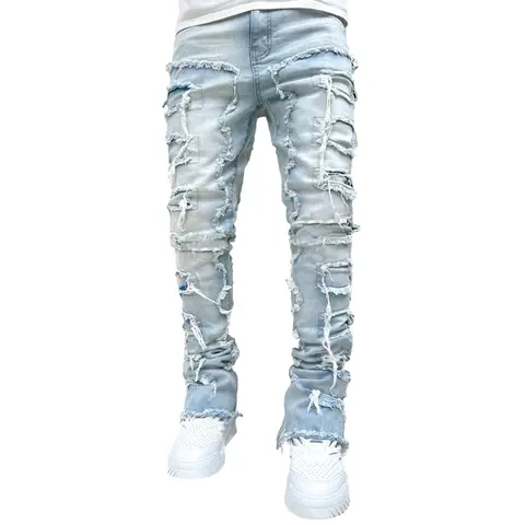 SRETOUU Men Streetwear Hip Hop Stacked Spliced Slim Straight Jeans Pants Male Stylish Motorcycle Biker Denim Trousers Casual Tee Menswear Love Bootcut Jeans Distressed Straight Leg